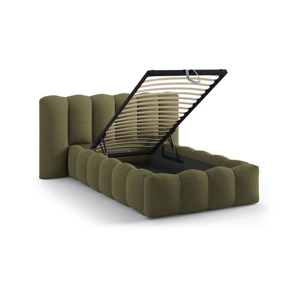 Tapicerowane łóżko jednoosobowe ze schowkiem i stelażem 90x200 cm w kolorze khaki Lupine – Micadoni -image-1