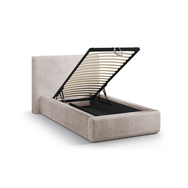 Beżowe tapicerowane łóżko jednoosobowe ze schowkiem i stelażem 90x200 cm Amy – Micadoni -image-1