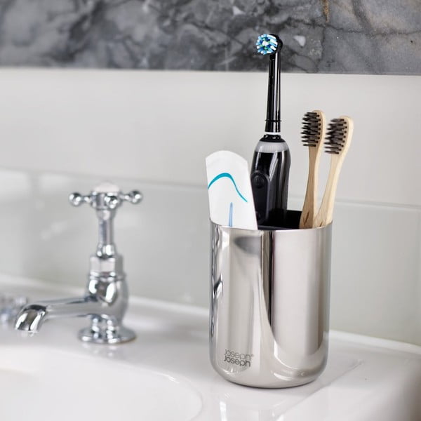Kubek na szczoteczki do zębów ze stali nierdzewnej w kolorze srebra z połyskiem EasyStore Luxe – Joseph Joseph-image-1