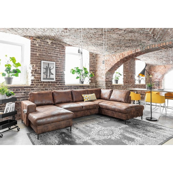 Brązowa rozkładana sofa w kształcie litery "U" z imitacji skóry Miuform Lofty Lilly Vintage, prawostronna-image-3