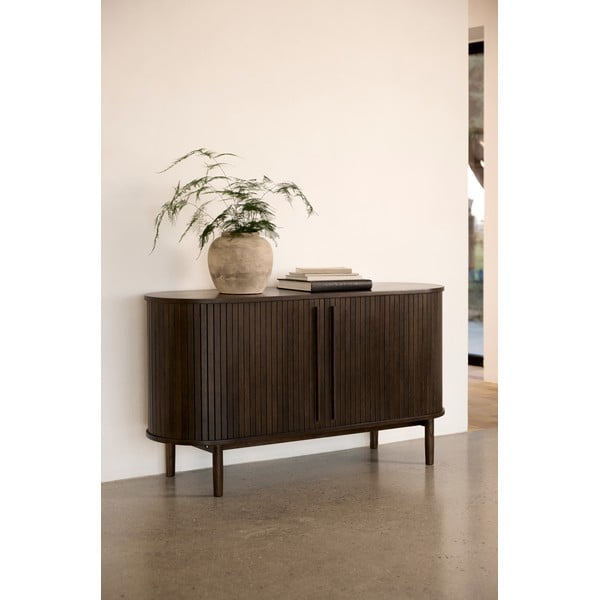 Brązowa komoda w dekorze dębu z drzwiami przesuwnymi 140x76x45 cm Meta – Unique Furniture-image-1