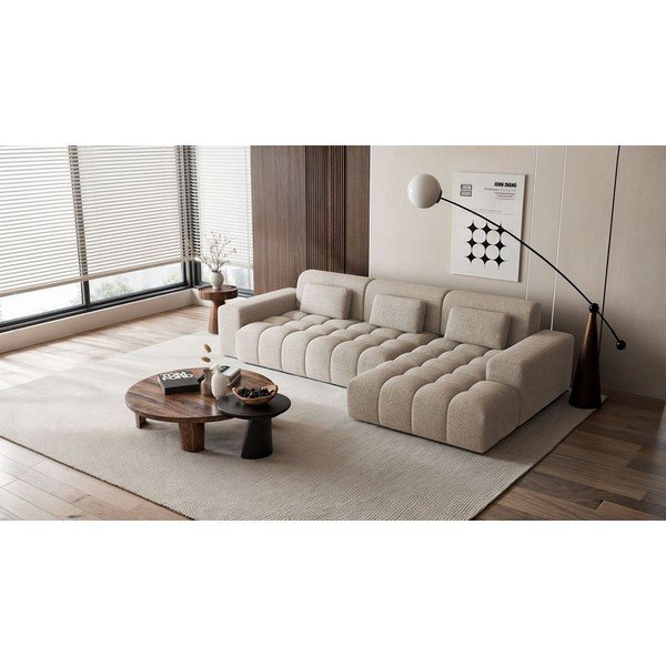 Beżowy narożnik z tkaniny szenilowej (prawostronny/z szezlongiem) Chevi – Ghado-image-1