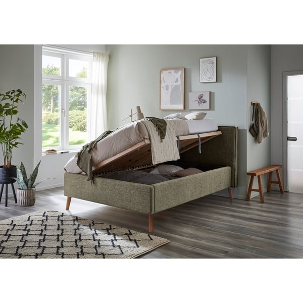 Ciemnozielone tapicerowane łóżko dwuosobowe ze schowkiem ze stelażem 140x200 cm Riva – Meise Möbel-image-3