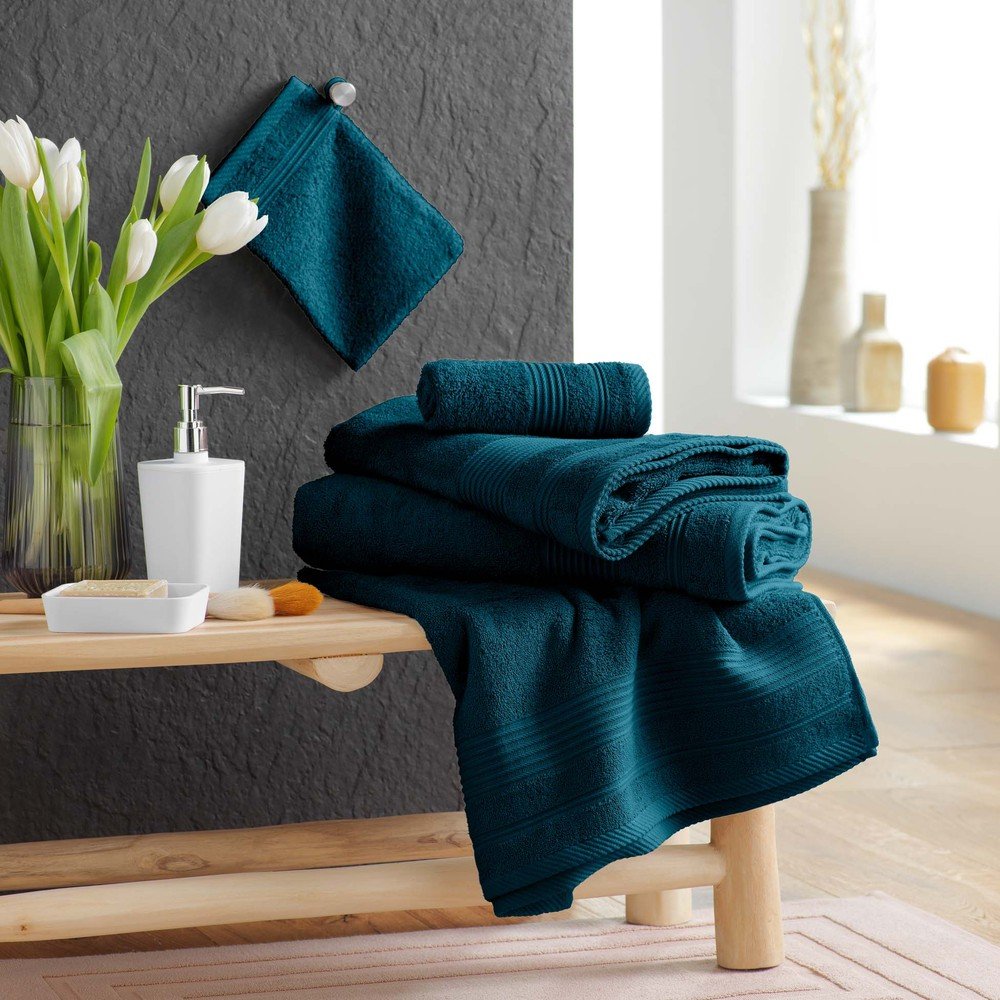 Ciemnoniebieski bawełniany ręcznik kąpielowy frotte 70x130 cm Tendresse – douceur d'intérieur (zdjęcie 2)