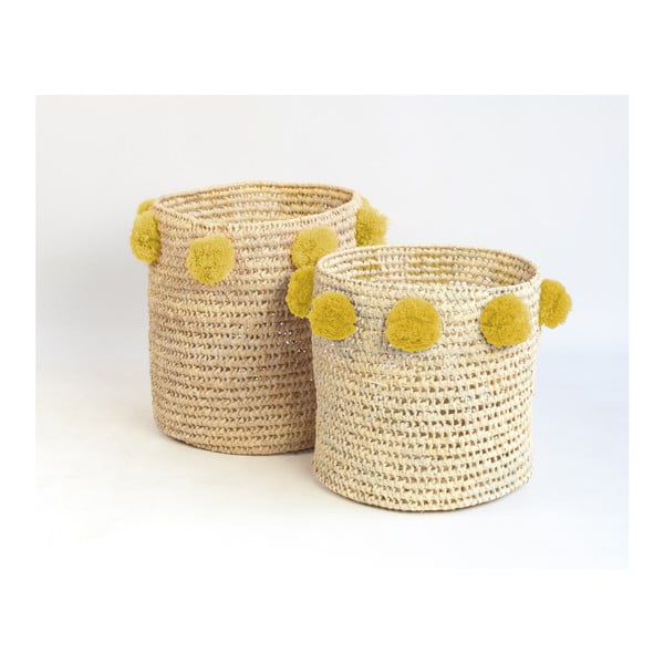 Zestaw 2 koszy z włókien palmowych z żółtymi dekoracjami Madre Selva Milo Basket