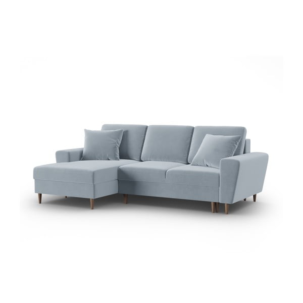 Jasnoniebieski aksamitny rozkładany narożnik ze schowkiem (lewostronny/z szezlongiem) Kyoto – Cosmopolitan Design-image-4