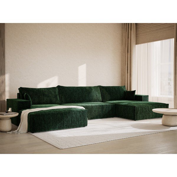 Ciemnozielony rozkładany/ze schowkiem narożnik z tkaniny szenilowej (w kształcie litery U) Kyoto – Maison de Rêve-image-1