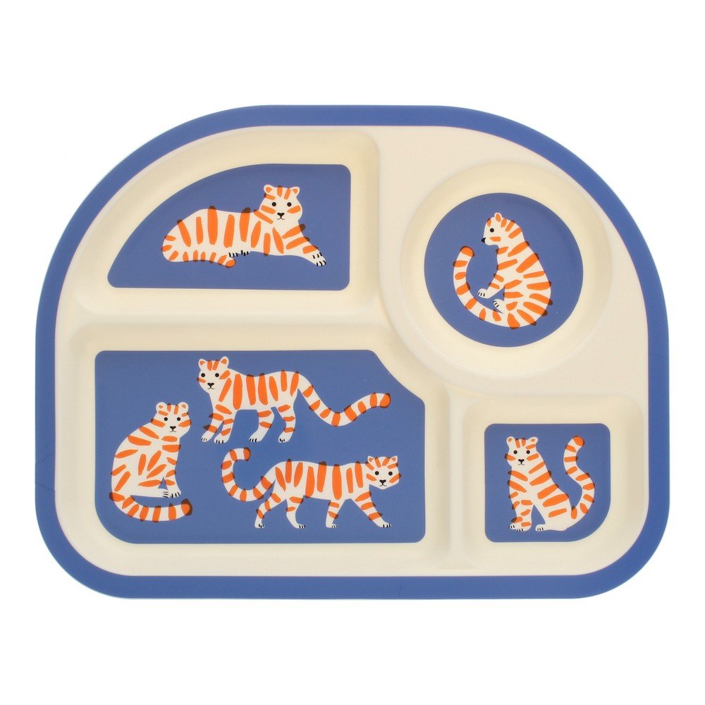 Niebieski/beżowy plastikowy talerz dla dzieci 21x27 cm Tiger – Rex London
