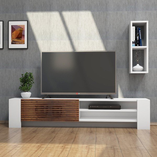 Komplet białej szafki pod TV i półki z detalami z dekorem drewna orzechowego Muzzo Pina-image-3
