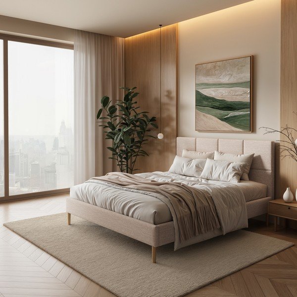 Kremowe tapicerowane łóżko dwuosobowe ze stelażem 140x200 cm Alano – MESONICA-image-1