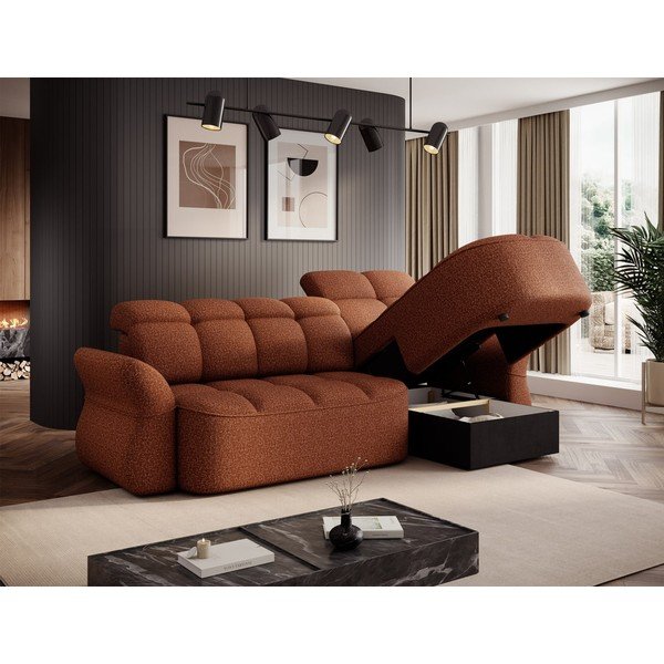 Aksamitny rozkładany/ze schowkiem narożnik (prawostronny/z szezlongiem) w kolorze terakoty Beneth – ELTAP-image-4