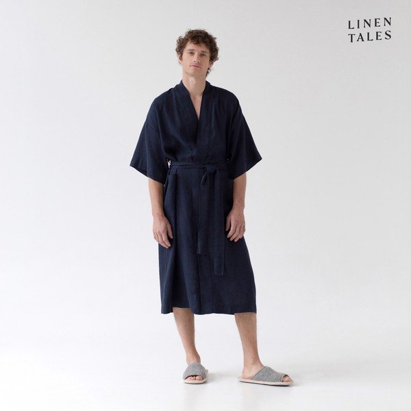 Ciemnoniebieski lniany szlafrok w rozmiarze S/M Summer – Linen Tales