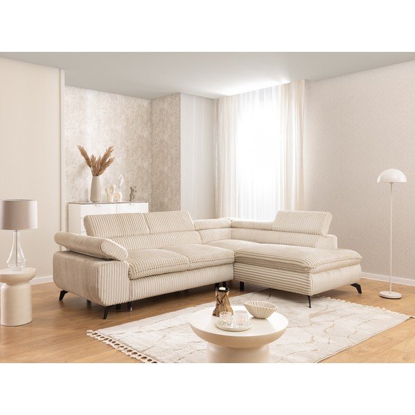 Beżowy sztruksowy narożnik (prawostronny/w kształcie litery L) Marbeya  – Ropez-image-1