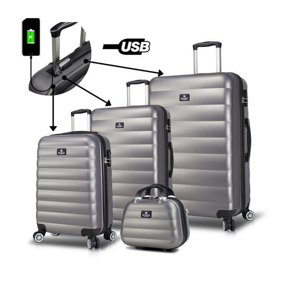 Zestaw 3 szarych walizek na kółkach z USB i kuferka podróżnego My Valice RESSO Travel Set