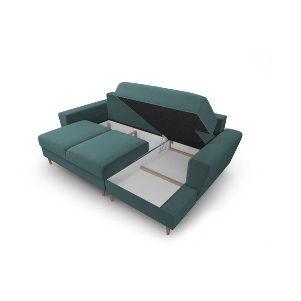 Morski aksamitny rozkładany narożnik ze schowkiem (prawostronny/z szezlongiem) Kyoto – Cosmopolitan Design-image-3