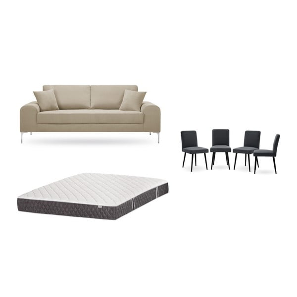 Zestaw 3-osobowej szarobeżowej sofy, 4 antracytowych krzeseł i materaca 160x200 cm Home Essentials