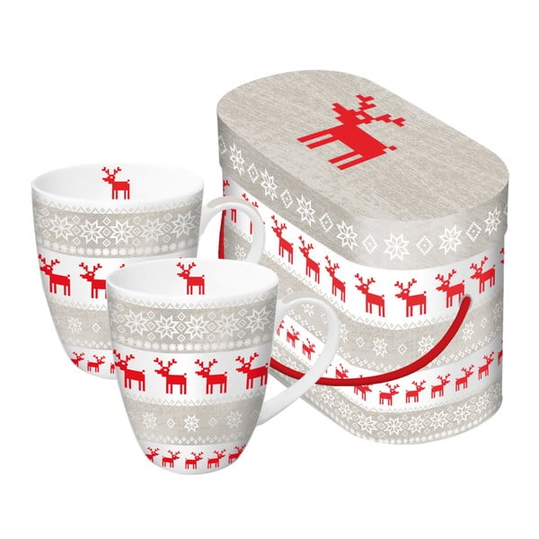 Zestaw 2 kubków z porcelany kostnej ze świątecznym motywem w ozdobnym opakowaniu PPD Magic Christmas Taupe, 350 ml
