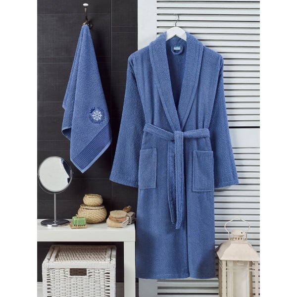 Niebieski bawełniany zestaw szlafroka i ręcznika w rozmiarze S/M – Mila Home