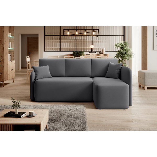 Szarobrązowy aksamitny rozkładany/ze schowkiem narożnik (prawostronny/z szezlongiem) Hadson – ELTAP-image-1