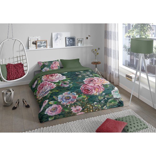 Zielona bawełniana pościel jednoosobowa 140x220 cm Fleur – Good Morning-image-1