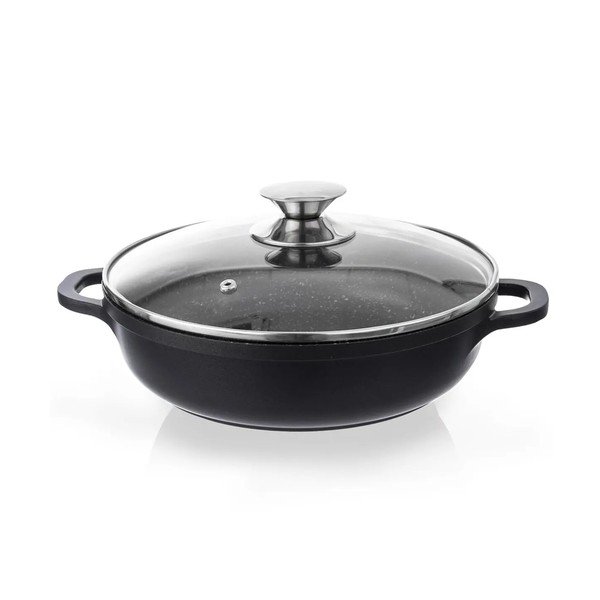 Niski garnek z powierzchnią nieprzywierającą Pfluon Granit i szklaną pokrywką Orion Grande, ⌀ 28 cm