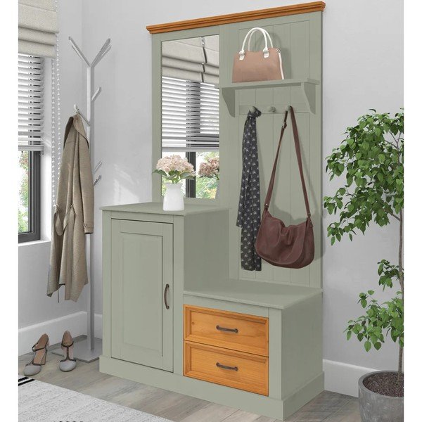 Zielony/w jasnym naturalnym kolorze zestaw do przedpokoju z litego drewna sosnowego 110x185x40 cm Selma – Støraa-image-1