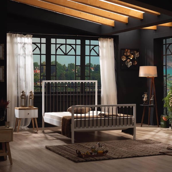 Białe metalowe łóżko dwuosobowe ze stelażem 180x200 cm Breeze – Kalune Design-image-4