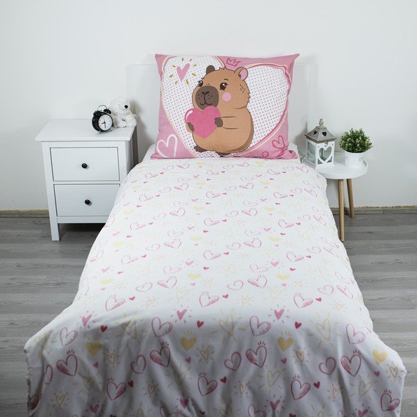 Różowa bawełniana pościel dziecięca jednoosobowa 140x200 cm Kapybara Heart – Jerry Fabrics-image-2