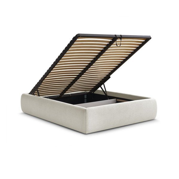 Beżowe tapicerowane łóżko dwuosobowe bez zagłówka ze schowkiem i stelażem 160x200 cm Inera – Bobochic Paris-image-3