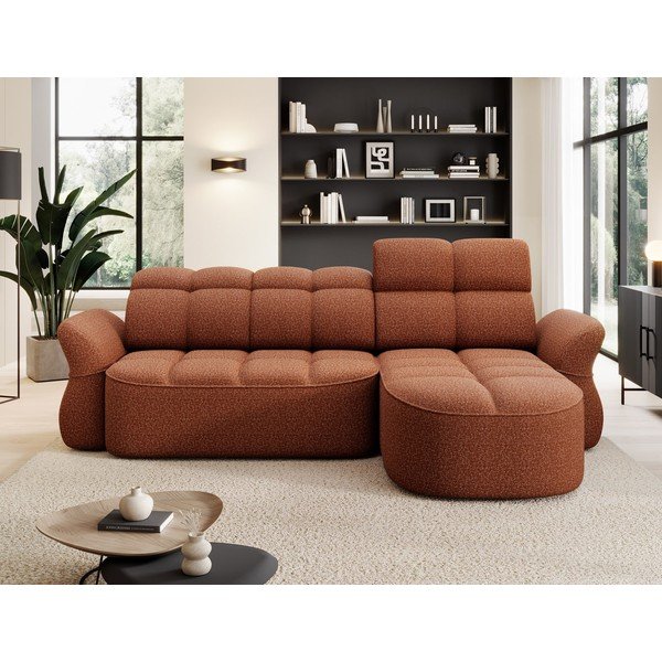 Aksamitny rozkładany/ze schowkiem narożnik (prawostronny/z szezlongiem) w kolorze terakoty Beneth – ELTAP-image-1