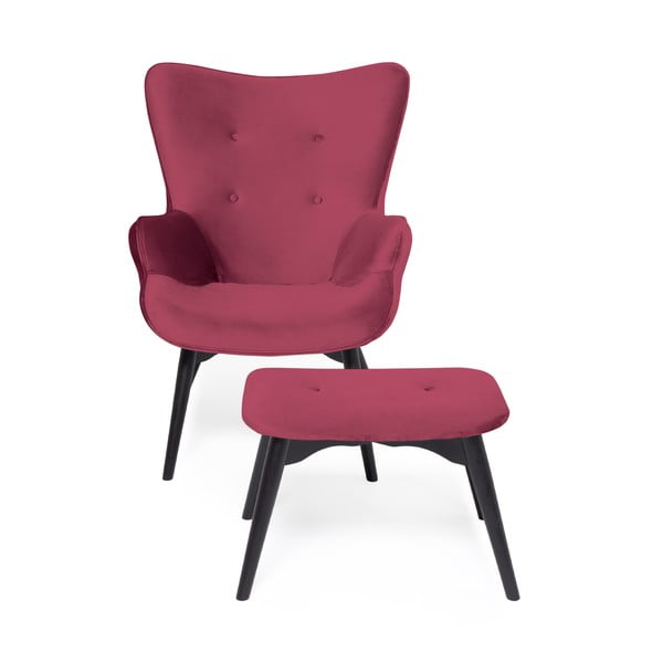Różówoczerwony fotel z podnóżkiem i nogami w ciemnym kolorze Vivonita Cora Velvet-image-2