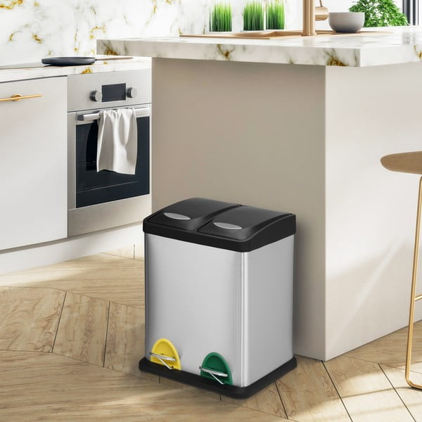Stalowy kosz na śmieci 2x8 l do segregacji odpadów/z pedałem w kolorze matowego srebra   Tri Selectif – MSV-image-1