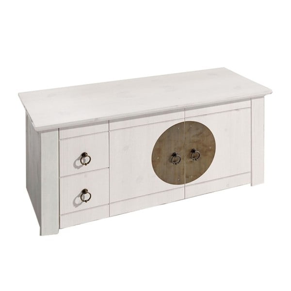 Biały stolik z litego drewna sosnowego z drzwiczkami i 4 szufladami 13Casa Sparrow, szer. 84 cm