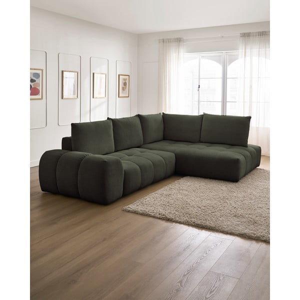 Zielony rozkładany/ze schowkiem narożnik z tkaniny szenilowej (prawostronny/w kształcie litery L) Everest – Bobochic Paris-image-1