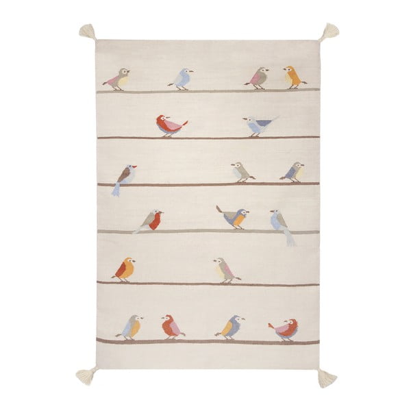 Beżowy ręcznie tkany dywan wełniany Art For Kids Birds, 160x230 cm