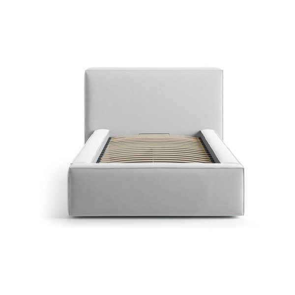 Tapicerowane łóżko jednoosobowe ze schowkiem i stelażem 90x200 cm w kolorze srebra Jodie – Micadoni -image-3