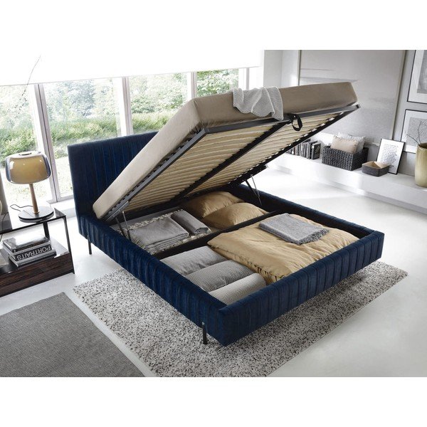 Ciemnoniebieskie tapicerowane łóżko dwuosobowe ze schowkiem ze stelażem 180x200 cm Plissa – ELTAP-image-2