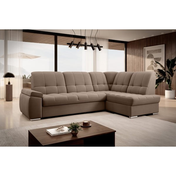 Brązowy aksamitny rozkładany/ze schowkiem narożnik (prawostronny/w kształcie litery L) Sado – ELTAP-image-4