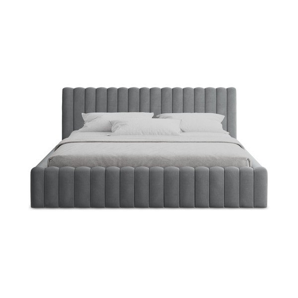 Szare tapicerowane łóżko dwuosobowe ze schowkiem ze stelażem 180x200 cm Lemi – Makamii-image-4