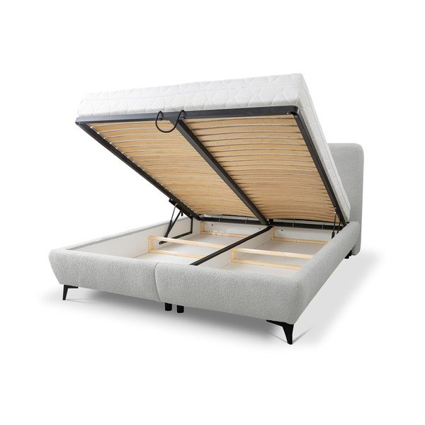 Jasnoszare tapicerowane łóżko dwuosobowe ze stelażem i schowkiem 160x200 cm Makapu – Makamii-image-1
