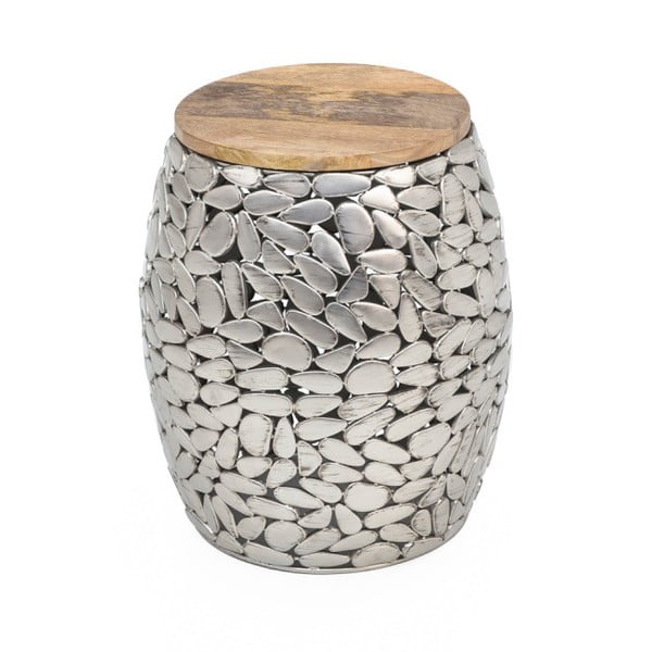 Stolik w srebrnym kolorze z drewnianym blatem WOOX LIVING Pebble, ⌀ 40 cm
