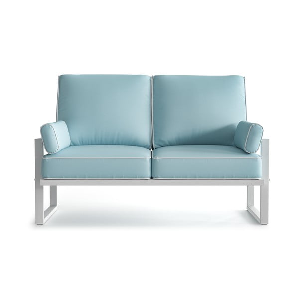 Jasnoniebieska 2-osobowa sofa ogrodowa z podłokietnikami i białą lamówką Marie Claire Home Angie