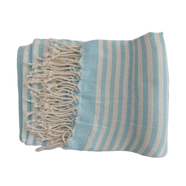 Turkusowo-biały ręcznik tkany ręcznie z wysokiej jakości bawełny Hammam Safir, 100x180 cm