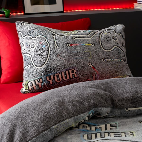 Fluorescencyjna pościel dziecięca jednoosobowa z mikropluszu 135x200 cm Game Over – Catherine Lansfield-image-1