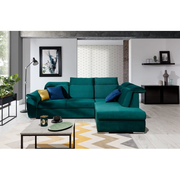 Zielony aksamitny rozkładany/ze schowkiem narożnik (prawostronny/w kształcie litery L) Loreto – ELTAP-image-1