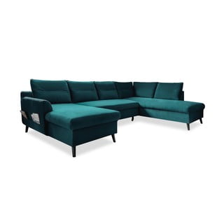 Turkusowa aksamitna rozkładana sofa w kształcie litery "U" Miuform Stylish Stan, prawostronna