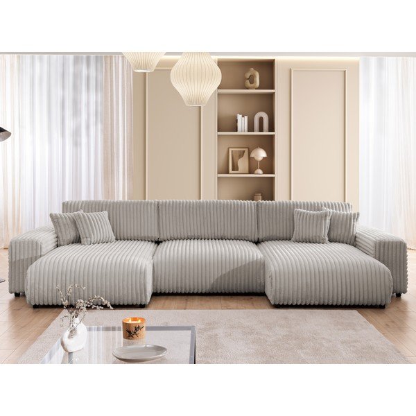 Jasnoszary sztruksowy rozkładany narożnik ze schowkiem (w kształcie litery U) Sarina – Ropez-image-1