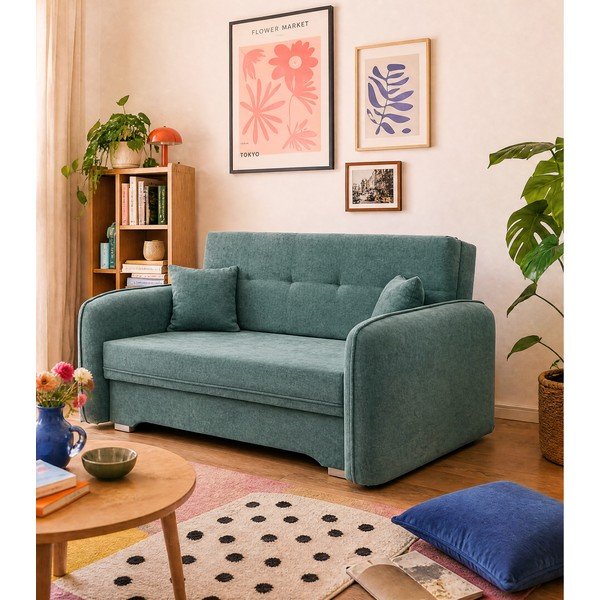 Zielona rozkładana/ze schowkiem sofa z tkaniny szenilowej 155 cm Laine – ELTAP-image-1