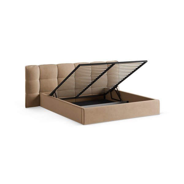 Szarobeżowe tapicerowane łóżko dwuosobowe ze schowkiem i stelażem 200x200 cm Eric – Micadoni -image-2