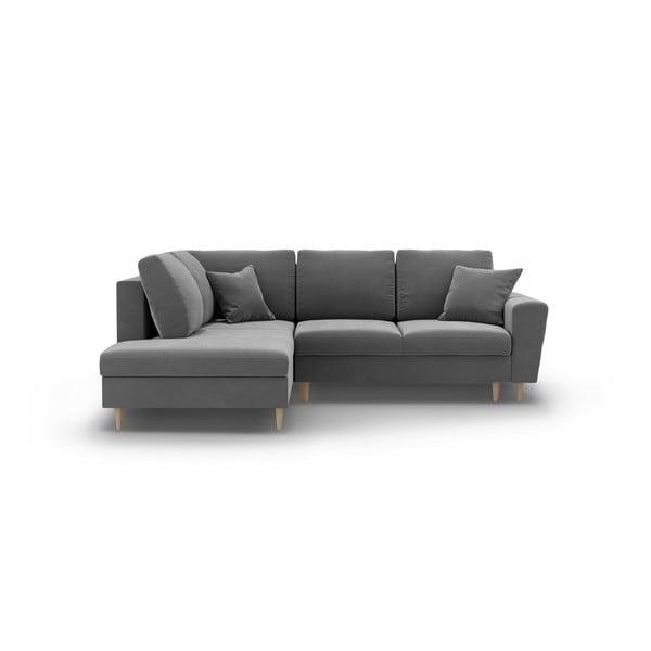 Jasnoszary aksamitny rozkładany narożnik ze schowkiem (lewostronny/w kształcie litery L) Kyoto – Cosmopolitan Design